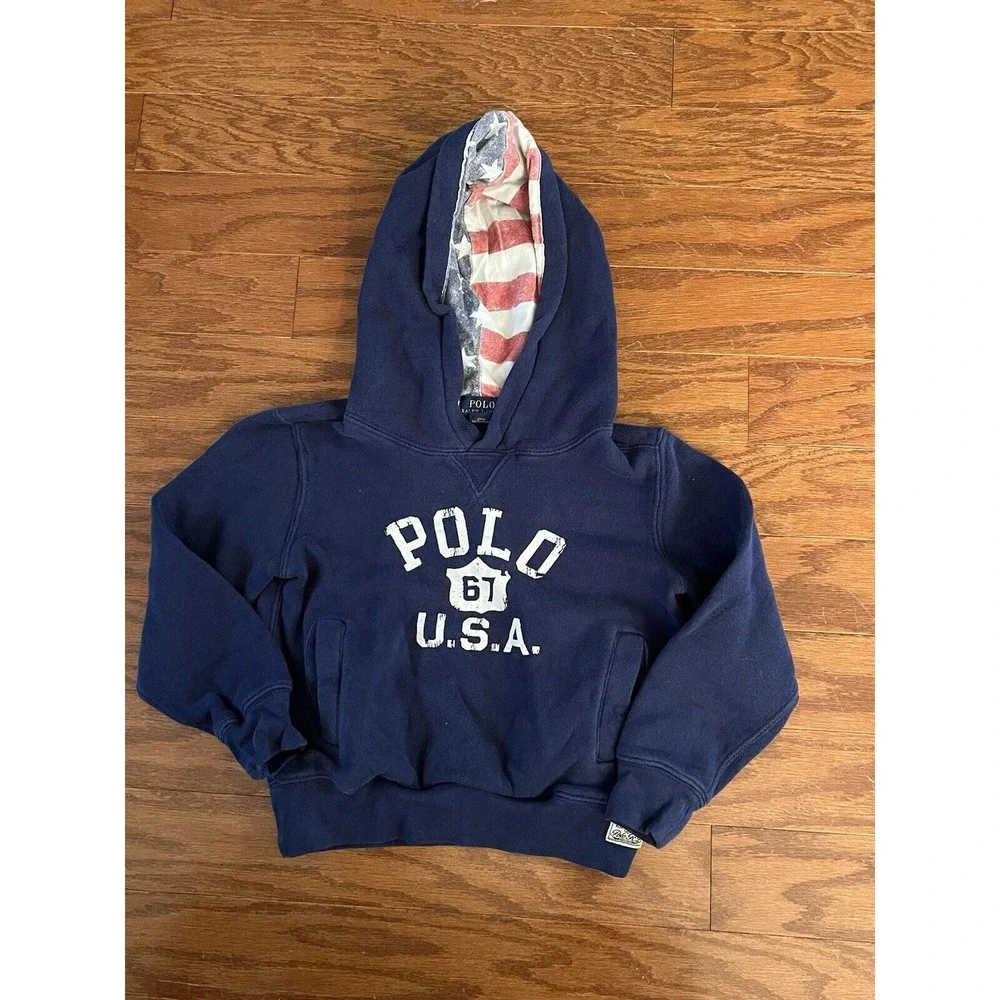 Boys Polo Ralph‎ Lauren Hoodie USA Patriotic Navy Blue Sz 5 Very Good Condition!